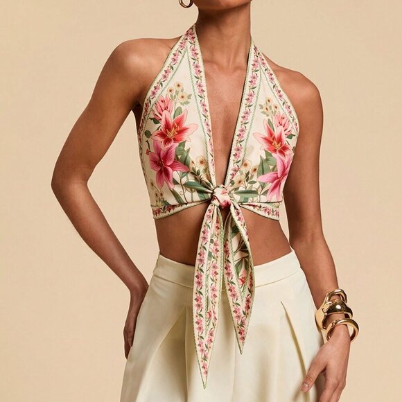 Multicolor Boho Women's Halter Neck Floral Print Blouse - Picture 5 of 7